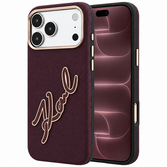 Coque pour Apple iPhone 18 Pro Max / 17 Pro Max, Karl Lagerfeld, Grand logo signature en résine lisse, Bordeaux