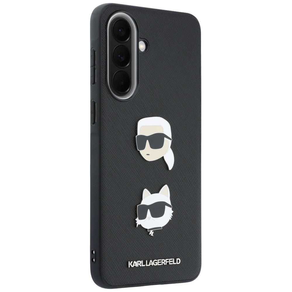 Coque pour Samsung Galaxy A57 5G, Karl Lagerfeld, Épingles Têtes Karl & Choupette Grainées et Logo, Noire