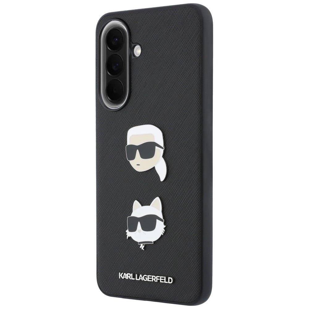 Coque pour Samsung Galaxy A57 5G, Karl Lagerfeld, Épingles Têtes Karl & Choupette Grainées et Logo, Noire