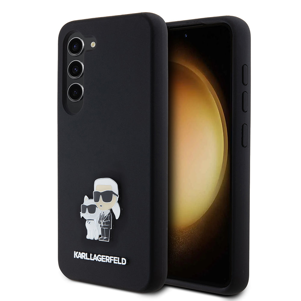 Étui pour Samsung Galaxy S23 S911, Karl Lagerfeld, Silicone Karl & Choupette Métal, Noir