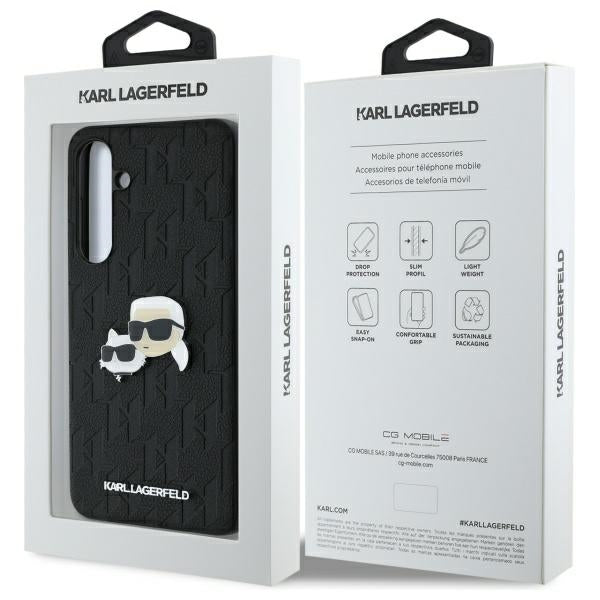 Étui pour Samsung Galaxy S24 FE S721, Karl Lagerfeld, Monogramme Karl & Têtes de Choupette, Noir