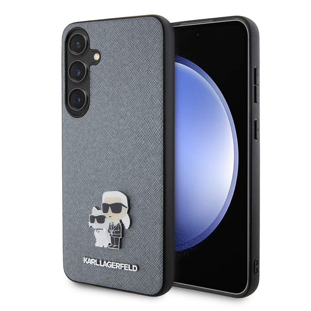 Étui pour Samsung Galaxy S24+ S926, Karl Lagerfeld, Saffiano Karl & Choupette Metal, Gris