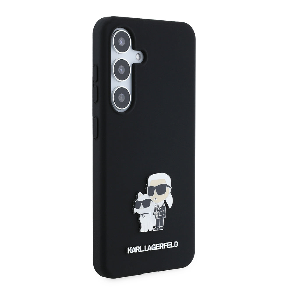 Étui pour Samsung Galaxy S24 S921, Karl Lagerfeld, Silicone Karl & Choupette Métal, Noir