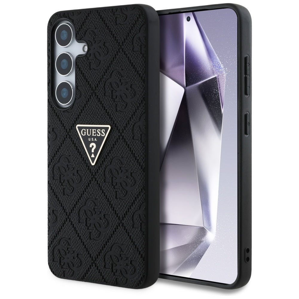 Étui pour Samsung Galaxy S25 S931, Guess, Grained Hot Stamp 4G Triangle, Noir