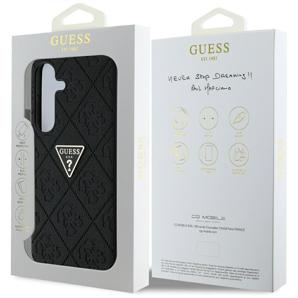 Étui pour Samsung Galaxy S25 S931, Guess, Grained Hot Stamp 4G Triangle, Noir