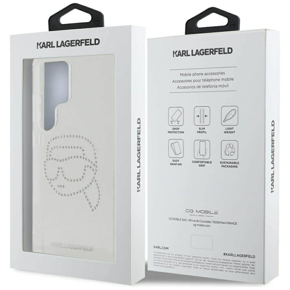 Étui pour Samsung Galaxy S25 Ultra S938, Karl Lagerfeld, IML Rhinestones Karl's Head, Transparent