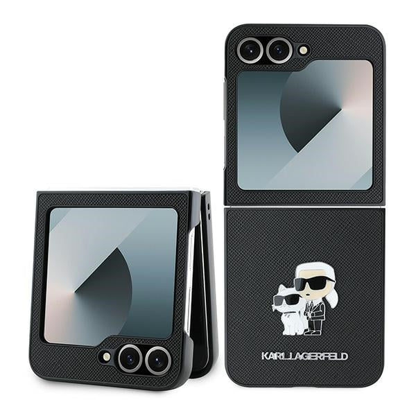 Étui pour Samsung Galaxy Z Flip7 FE F761 / Z Flip6 F741, Karl Lagerfeld, Saffiano Karl & Choupette Metal, Noir