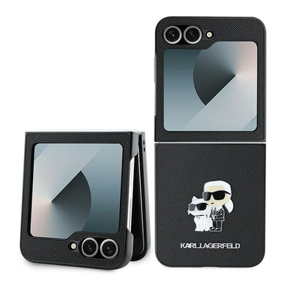 Étui pour Samsung Galaxy Z Flip7 FE F761 / Z Flip6 F741, Karl Lagerfeld, Saffiano Karl & Choupette Metal, Noir