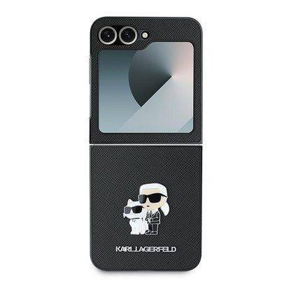 Étui pour Samsung Galaxy Z Flip7 FE F761 / Z Flip6 F741, Karl Lagerfeld, Saffiano Karl & Choupette Metal, Noir