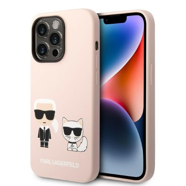 Étui MagSafe pour Apple iPhone 14 Pro Max, Karl Lagerfeld, Corps en Silicone Karl & Choupette, Rose