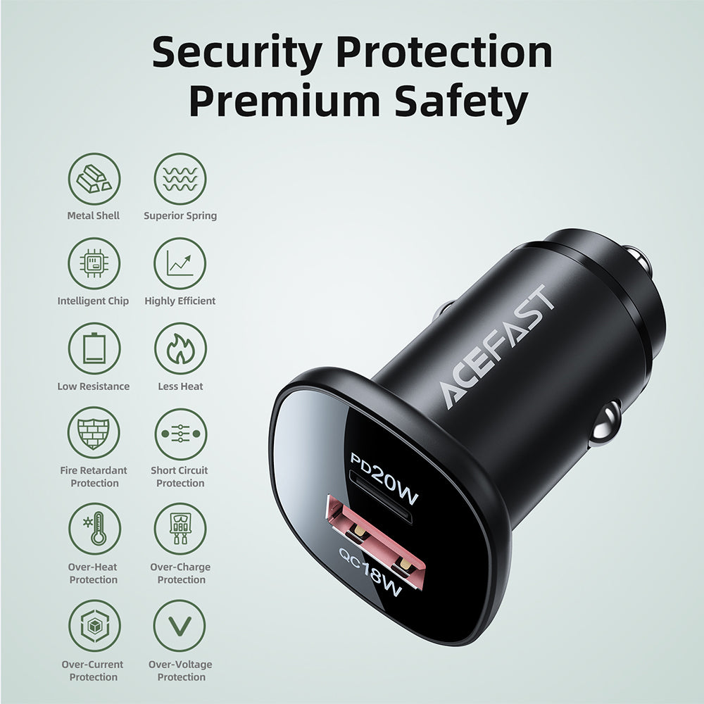 Chargeur Auto Acefast B1, 38W, 3A, 1 x USB-A - 1 x USB-C, Noir