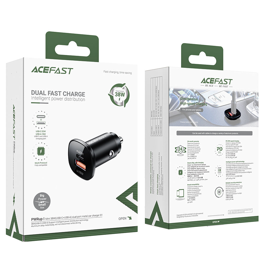 Chargeur Auto Acefast B1, 38W, 3A, 1 x USB-A - 1 x USB-C, Noir