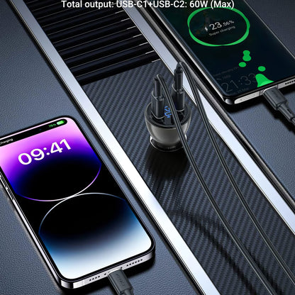 Chargeur de voiture Acefast B10, 60W, 3A, 2 x USB-C, noir 