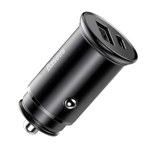 Chargeur Auto Baseus Circular Metal, 30W, 5A, 1 x USB-A - 1 x USB-C, Noir