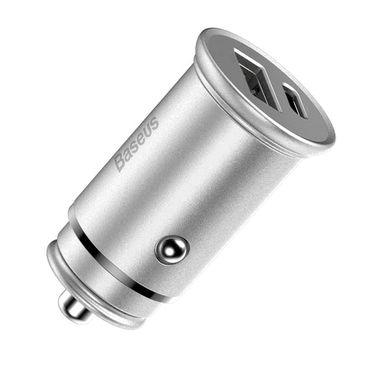 Chargeur de voiture Baseus Circular Metal, 30W, 5A, 1 x USB-A - 1 x USB-C, Gris