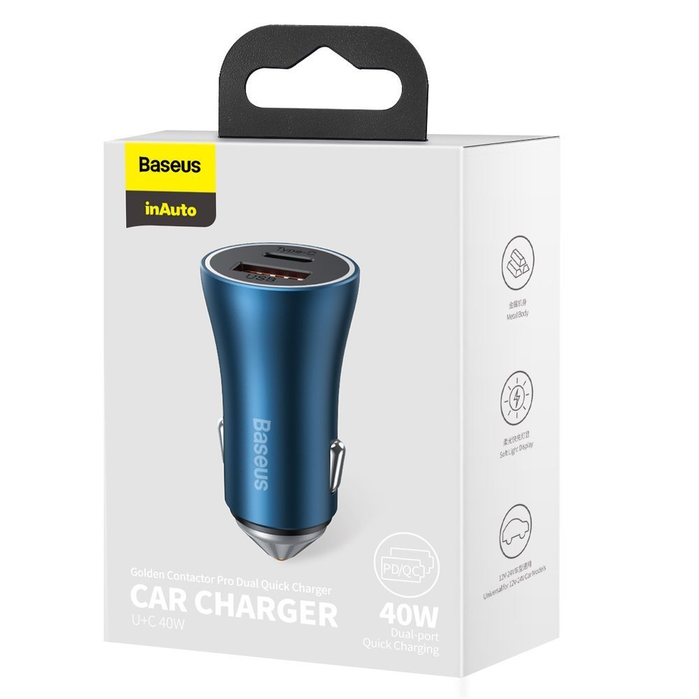 Chargeur de voiture Baseus Golden Contactor Pro, 40W, 3A, 1 x USB-A - 1 x USB-C, Bleu CCJD-03 