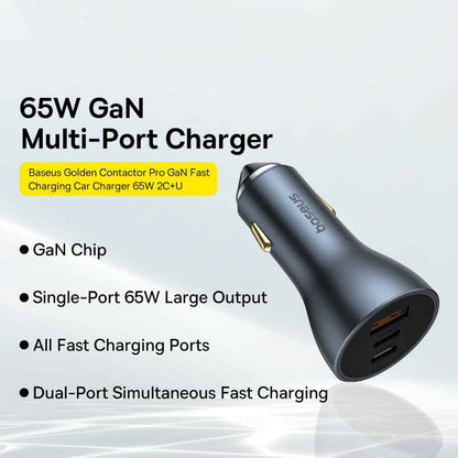 Chargeur de voiture Baseus Golden Contactor Pro, 65W, 3A, 1 x USB-A - 2 x USB-C, Gris C00035202841-00