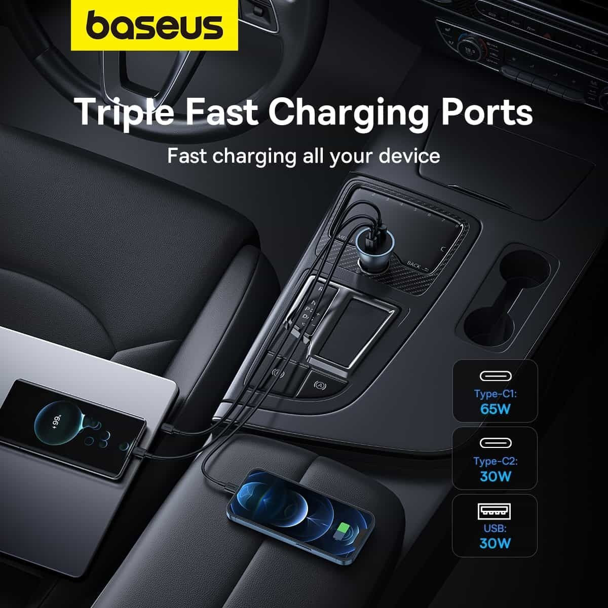Chargeur de voiture Baseus Golden Contactor Pro, 65W, 3A, 1 x USB-A - 2 x USB-C, Gris C00035202841-00