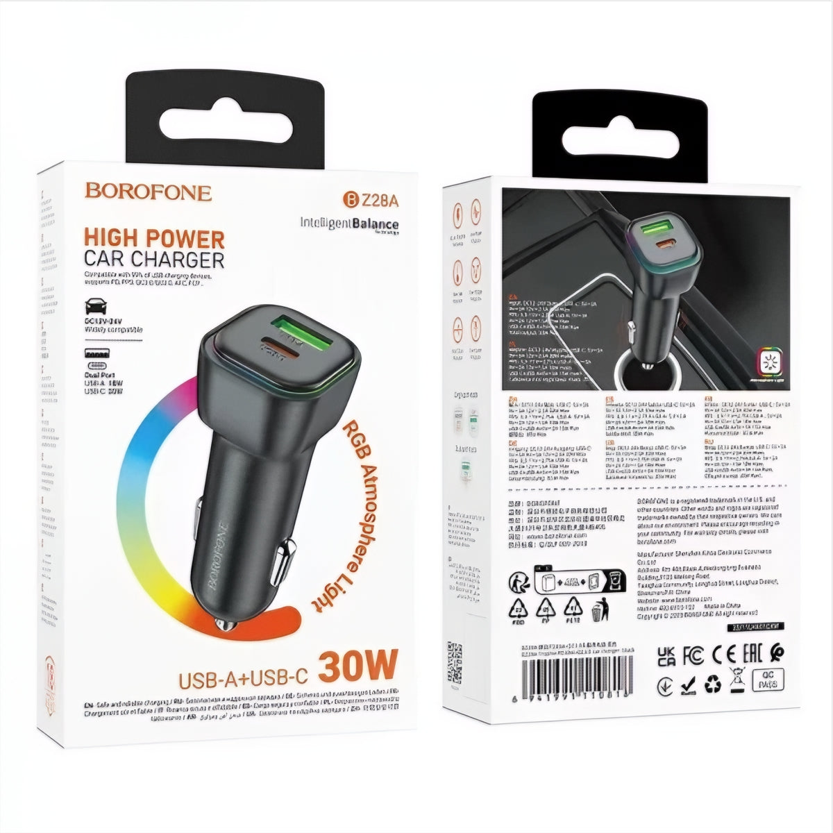 Chargeur de voiture Borofone BZ28A Trophie, 30W, 3A, 1 x USB-A - 1 x USB-C, Noir