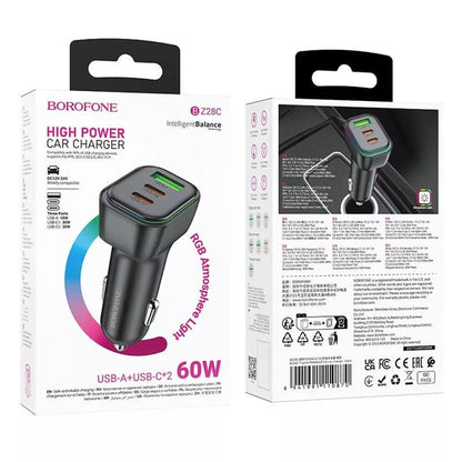 Chargeur de voiture Borofone BZ28C Trophie, 60W, 3A, 1 x USB-A, 2 x USB-C, Noir