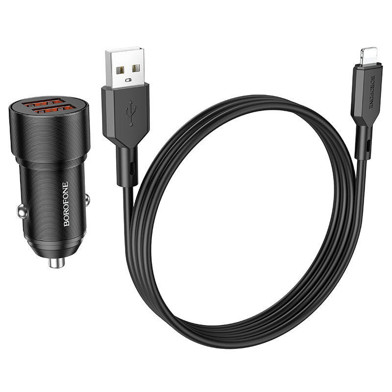 Chargeur de voiture avec câble Lightning Borofone BZ19 Wisdom, 12W, 2.4A, 2 x USB-A, Noir 