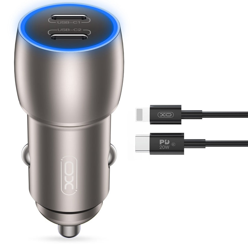 Chargeur de voiture avec câble Lightning XO Design CC51, 40W, 3A, 2 x USB-C, gris 