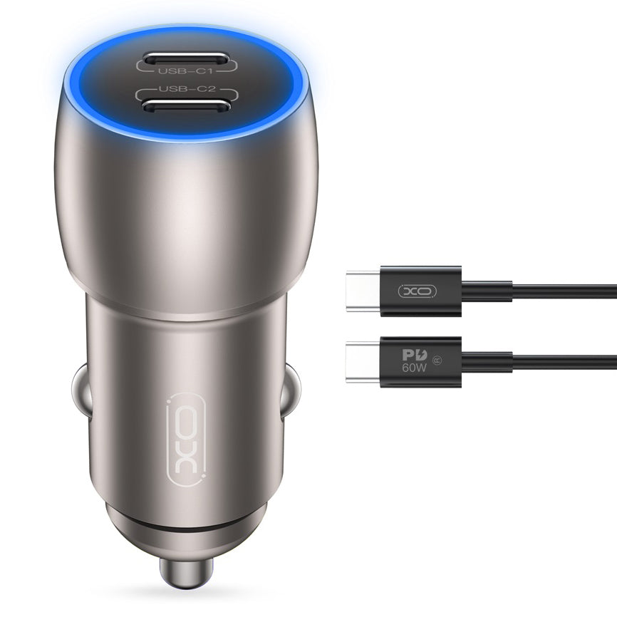 Chargeur de voiture avec câble USB-C XO Design CC51, 40W, 3A, 2 x USB-C, gris 