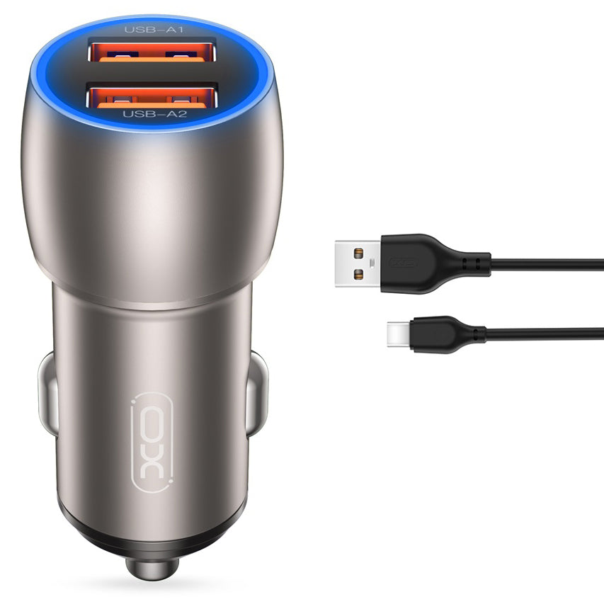 Chargeur de voiture avec câble USB-C XO Design CC52, 36W, 3A, 2 x USB-A, gris 