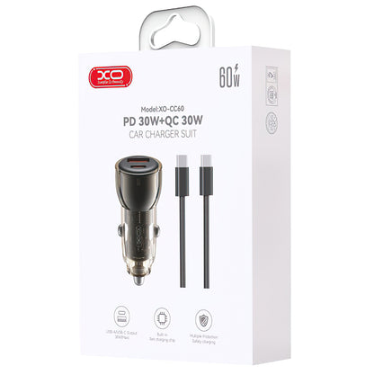 Chargeur de voiture avec câble USB-C XO Design CC60, 60W, 3A, 1 x USB-A - 1 x USB-C, Noir