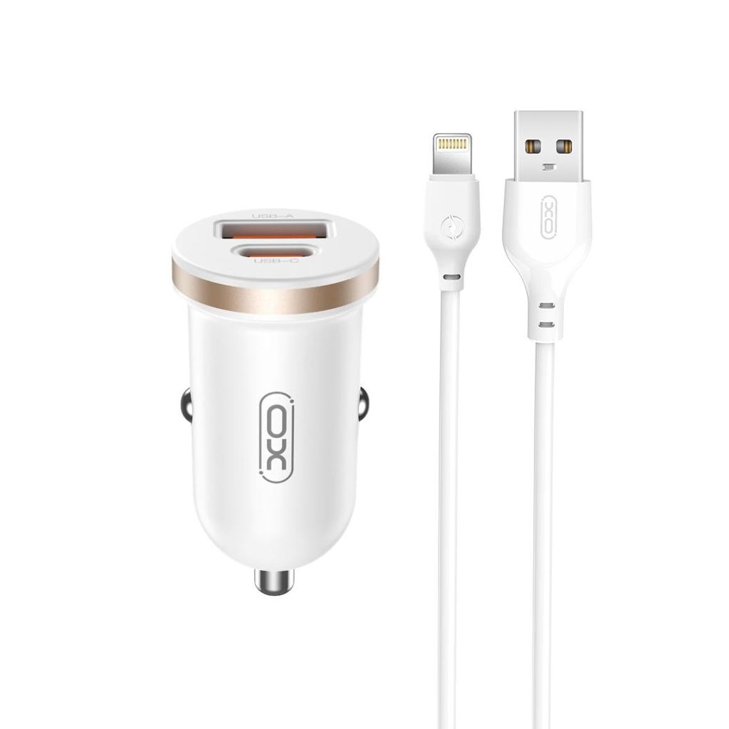 Chargeur de voiture avec câble Lightning XO Design CC56, 30W, 3A, 1 x USB-A - 1 x USB-C, Blanc