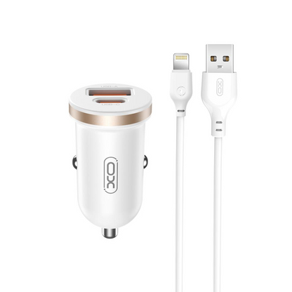 Chargeur de voiture avec câble Lightning XO Design CC56, 30W, 3A, 1 x USB-A - 1 x USB-C, Blanc