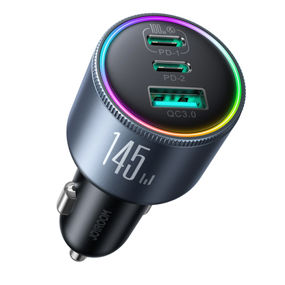 Chargeur de voiture avec câble USB-C Joyroom JR-CCN07, 145W, 5A, 1 x USB-A - 2 x USB-C, Gris