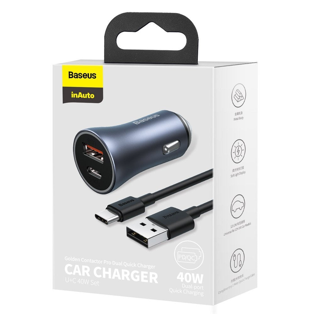 Chargeur de voiture avec câble USB-C Baseus Golden Contactor, 40W, 5A, 1 x USB-A - 1 x USB-C, Gris TZCCJJD-0G