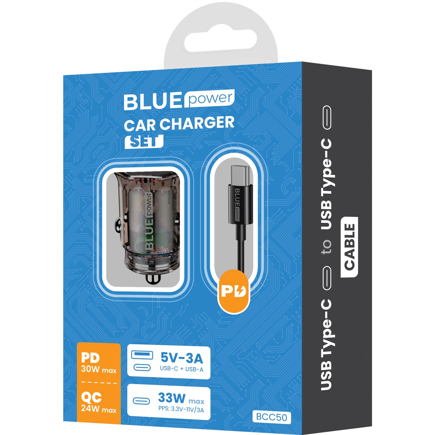 Chargeur de voiture avec câble USB-C BLUE Power BCC50, 33W, 3A, 1 x USB-A - 1 x USB-C, Noir