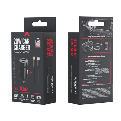 Chargeur de voiture avec câble Lightning MaXlife MXCC-04, 20W, 3A, 1 x USB-A - 1 x USB-C, Noir