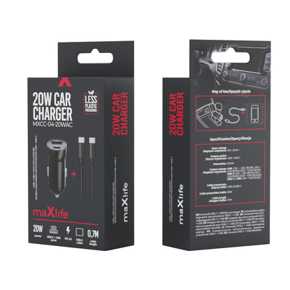 Chargeur de voiture avec câble USB-C MaXlife MXCC-04, 20W, 3A, 1 x USB-A - 1 x USB-C, Noir