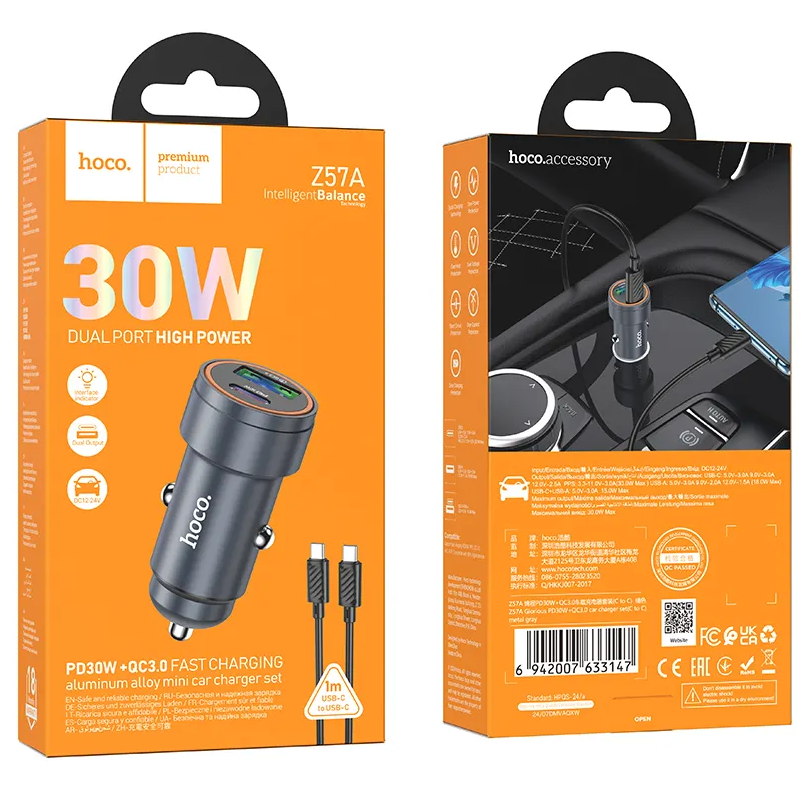 Chargeur de voiture avec câble USB-C HOCO Z57A, 30W, 3A, 1 x USB-A - 1 x USB-C, Gris