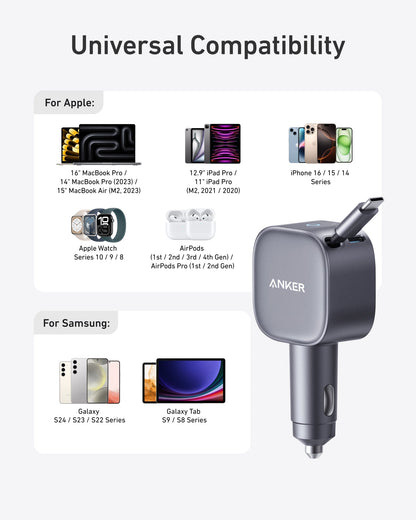 Chargeur de voiture avec câble USB-C Anker Nano, 75W, 3A, 1 x USB-C, Gris A2738HA2