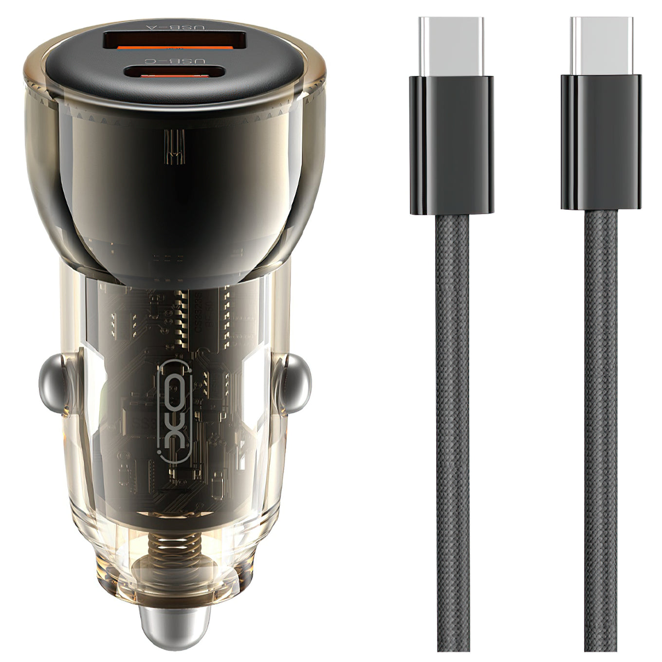 Chargeur de voiture avec câble USB-C XO Design CC60, 60W, 3A, 1 x USB-A - 1 x USB-C, Noir