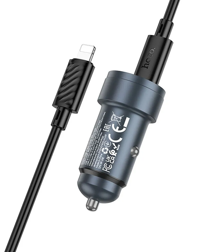 Chargeur de voiture avec câble Lightning HOCO Z57A, 30W, 3A, 1 x USB-A - 1 x USB-C, Gris