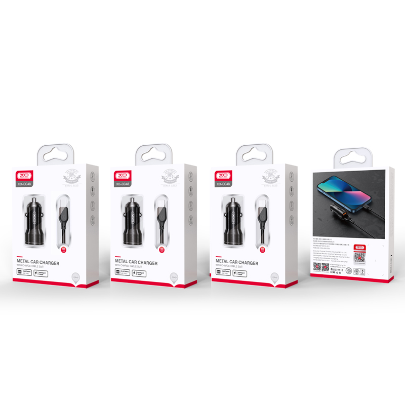 Chargeur de voiture avec câble USB-C XO Design CC48, 12W, 2.4A, 2 x USB-A, Gris