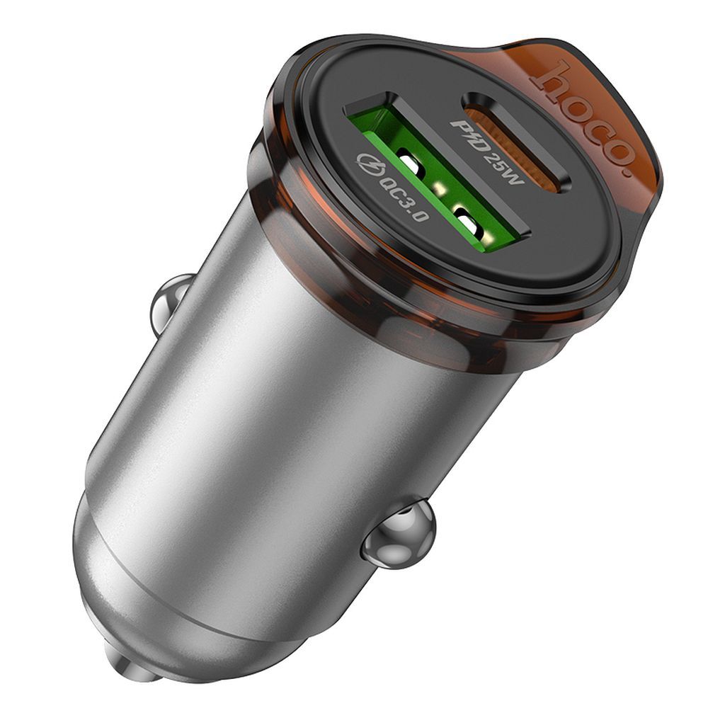 Chargeur de voiture avec câble Lightning HOCO NZ16A, 43W, 3A, 1 x USB-A - 1 x USB-C, Gris