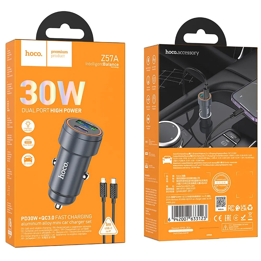 Chargeur de voiture avec câble Lightning HOCO Z57A, 30W, 3A, 1 x USB-A - 1 x USB-C, Gris