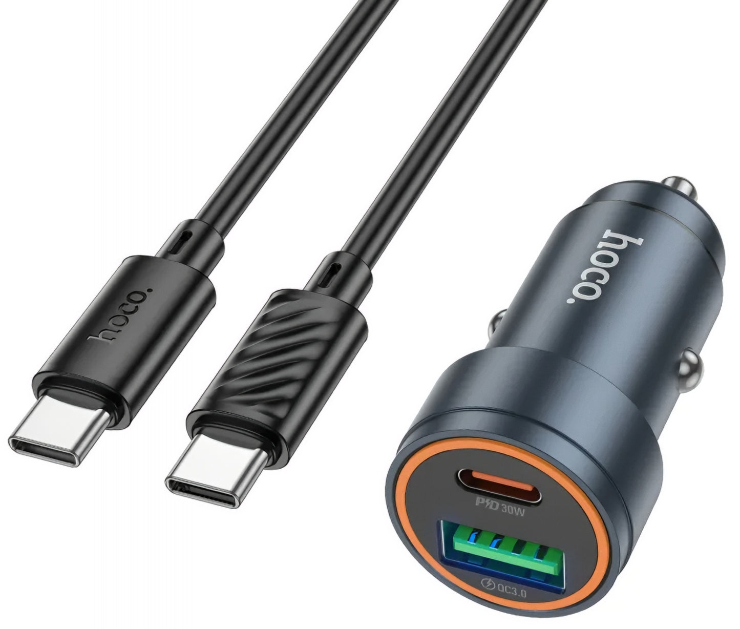 Chargeur de voiture avec câble USB-C HOCO Z57A, 30W, 3A, 1 x USB-A - 1 x USB-C, Gris