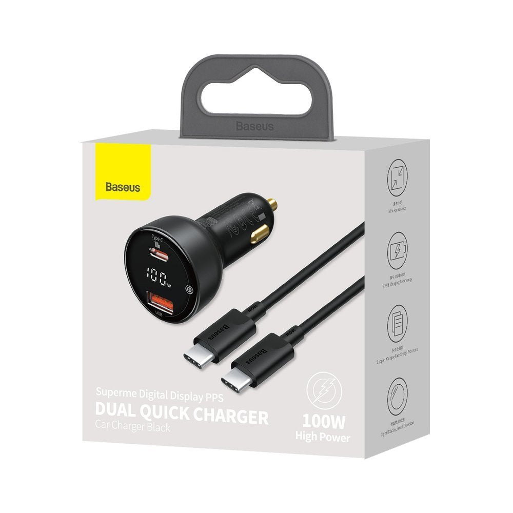 Chargeur de voiture avec câble USB-C Baseus Superme, 100W, 5A, 1 x USB-A - 1 x USB-C, Noir TZCCZX-01