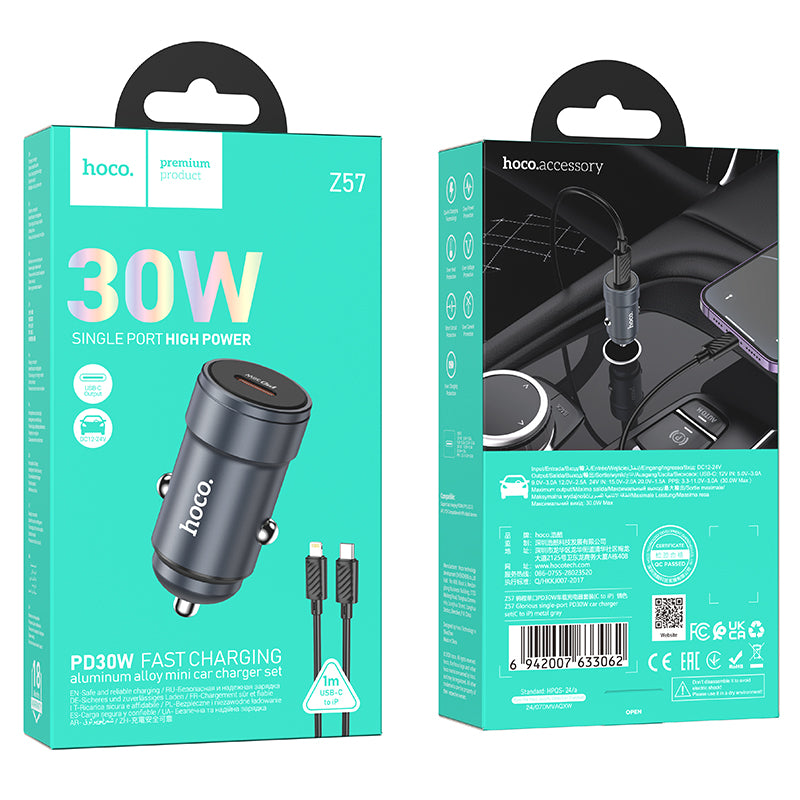 Chargeur de voiture avec câble Lightning HOCO Z57, 30W, 3A, 1 x USB-C, Gris