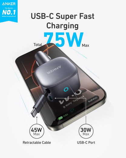 Chargeur de voiture avec câble USB-C Anker Nano, 75W, 3A, 1 x USB-C, Gris A2738HA2