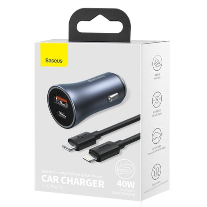 Chargeur de voiture avec câble Lightning Baseus Golden Contactor, 40W, 3A, 1 x USB-A - 1 x USB-C, Gris TZCCJJD-B0G