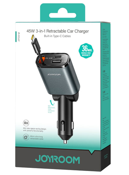 Chargeur de voiture avec câble USB-C Joyroom JR-CCL07, 30W, 3A, 1 x USB-A - 1 x USB-C, Gris