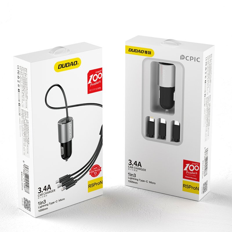 Chargeur Auto Avec Câble Lightning / microUSB / USB-C Dudao R5ProN, 17W, 3.4A, 1 x USB-A, Noir